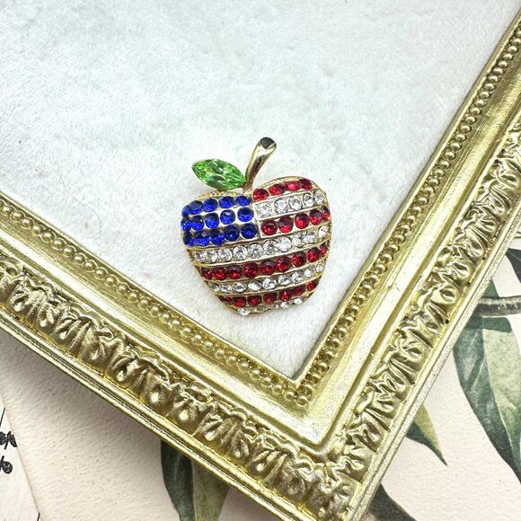 vintage Jewelry - Vintage Patriotic Apple American Flag Rhinestone Teacher Brooch Teacher Gift